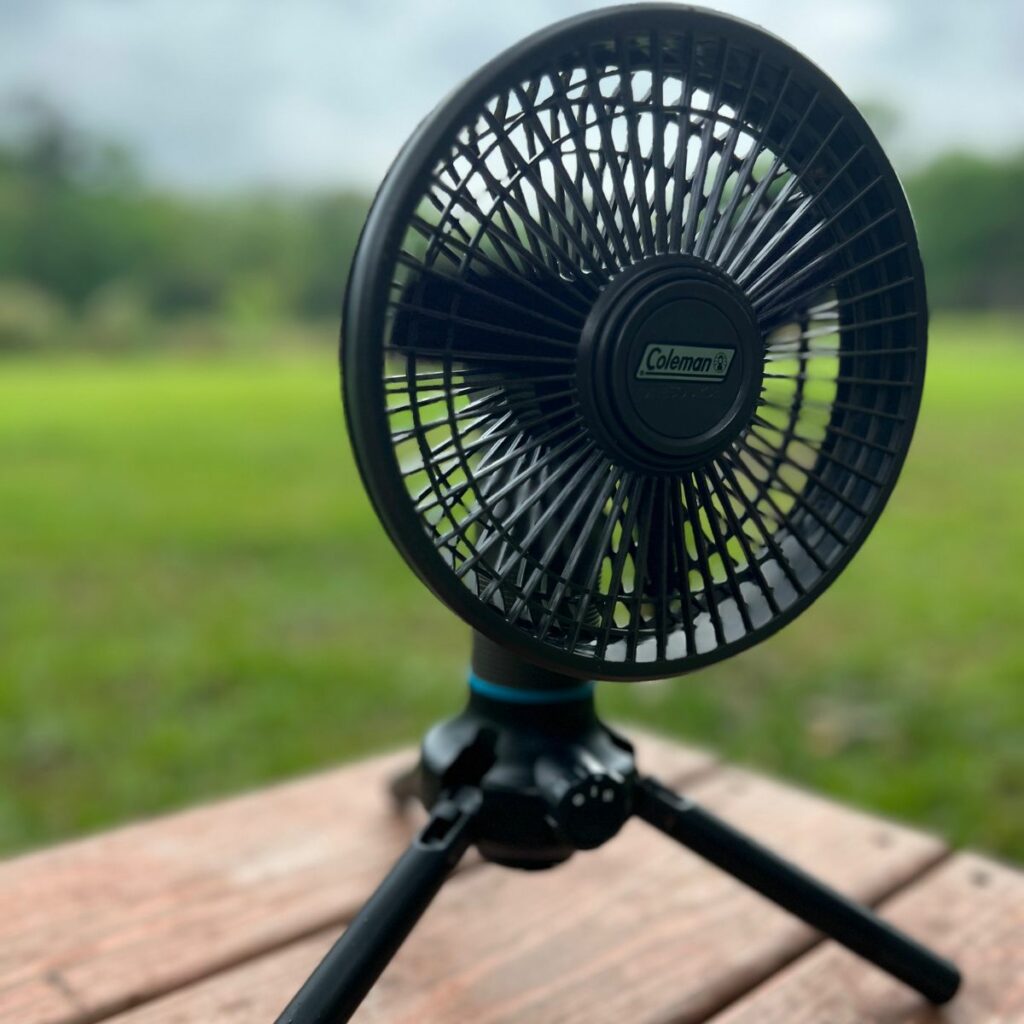 Battery powered outlet fan camping